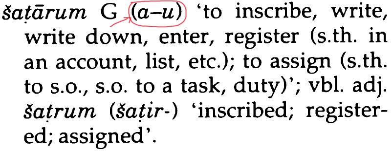 Detail of the dictionary in GaO with the entry šatāru